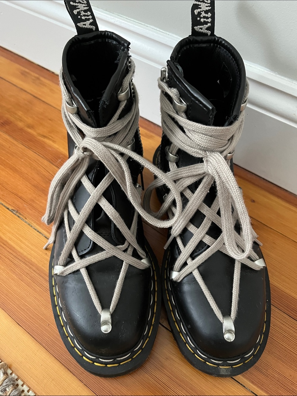 Rick Owen’s X Dr. Martens SOFT Black Leather Platform Boots with Beige Laces - Picture 2 of 5